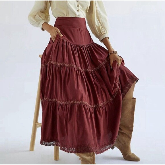 Anthropologie Dresses & Skirts - Anthropologie Tiered Lace Maxi Skirt Size XL Wine Burgundy Rodeo Boho Cowgirl